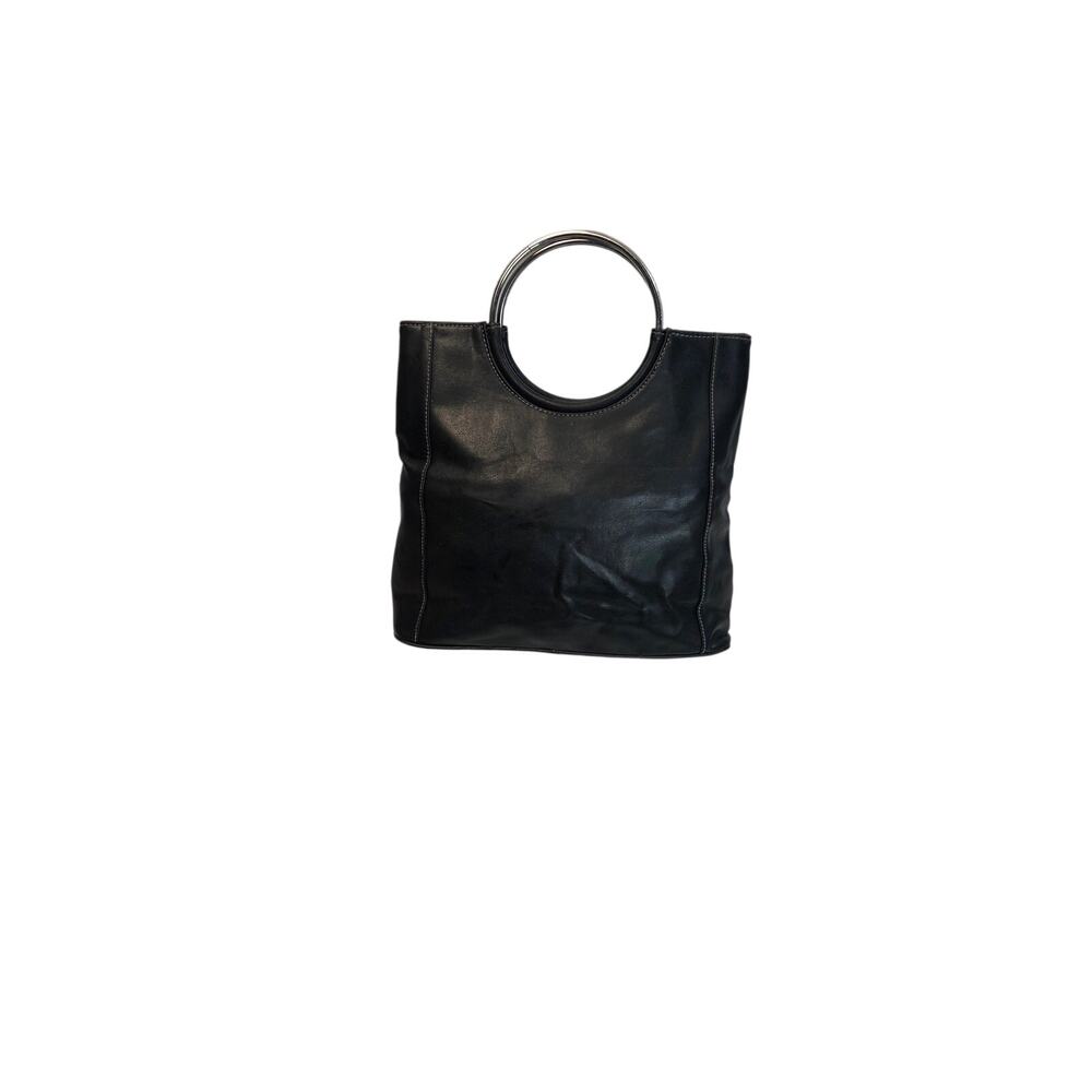 Vintage 90s Black Faux Leather Metal O Ring Circle Handle Tote Bag Minimalist - Picture 3 of 3